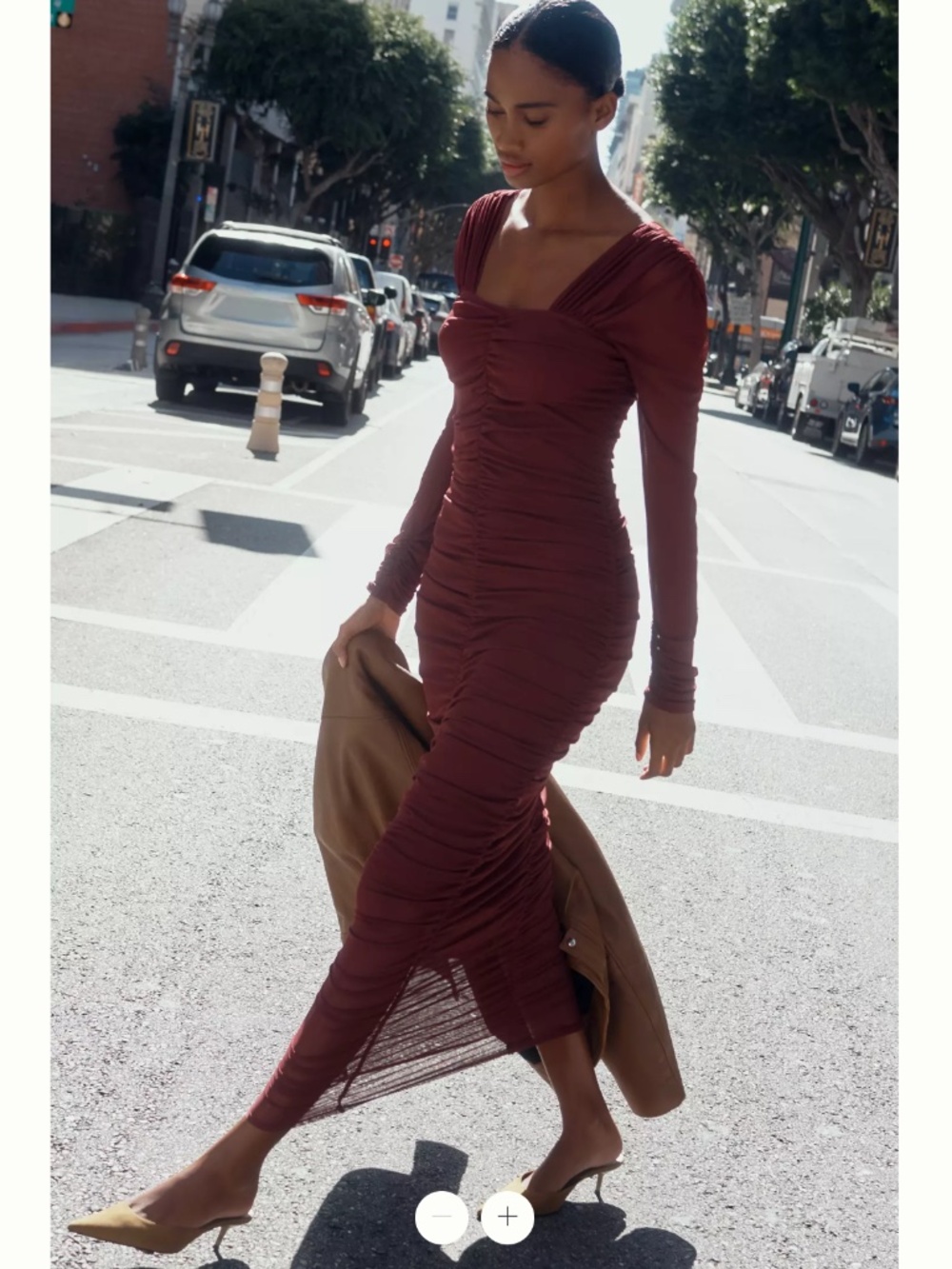 Anthropologie Long-Sleeve Ruched Slim Midi Dress